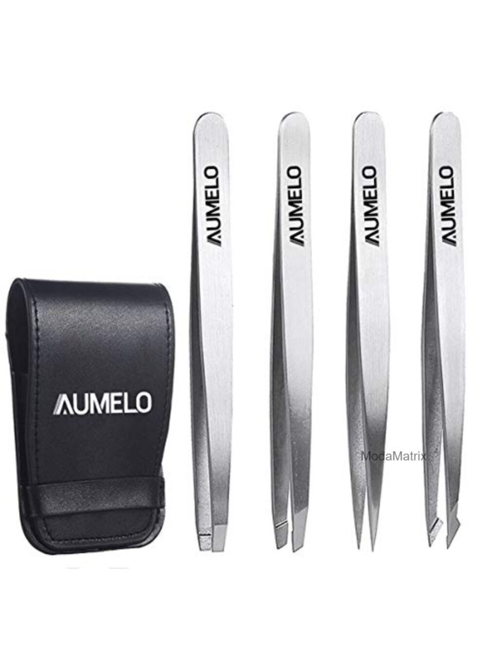 4-Piece Stainless Steel Tweezers Set with Travel Case Precision Eyebrow